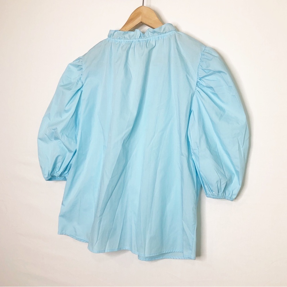 Hester & Orchard Blue puff sleeve, smocked detail button down blouse - Picture 7 of 9